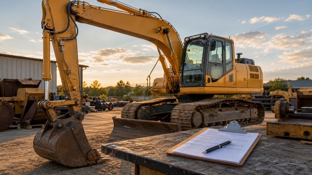 Crawler excavator in an equipment yard with paperwork on a clipboard.