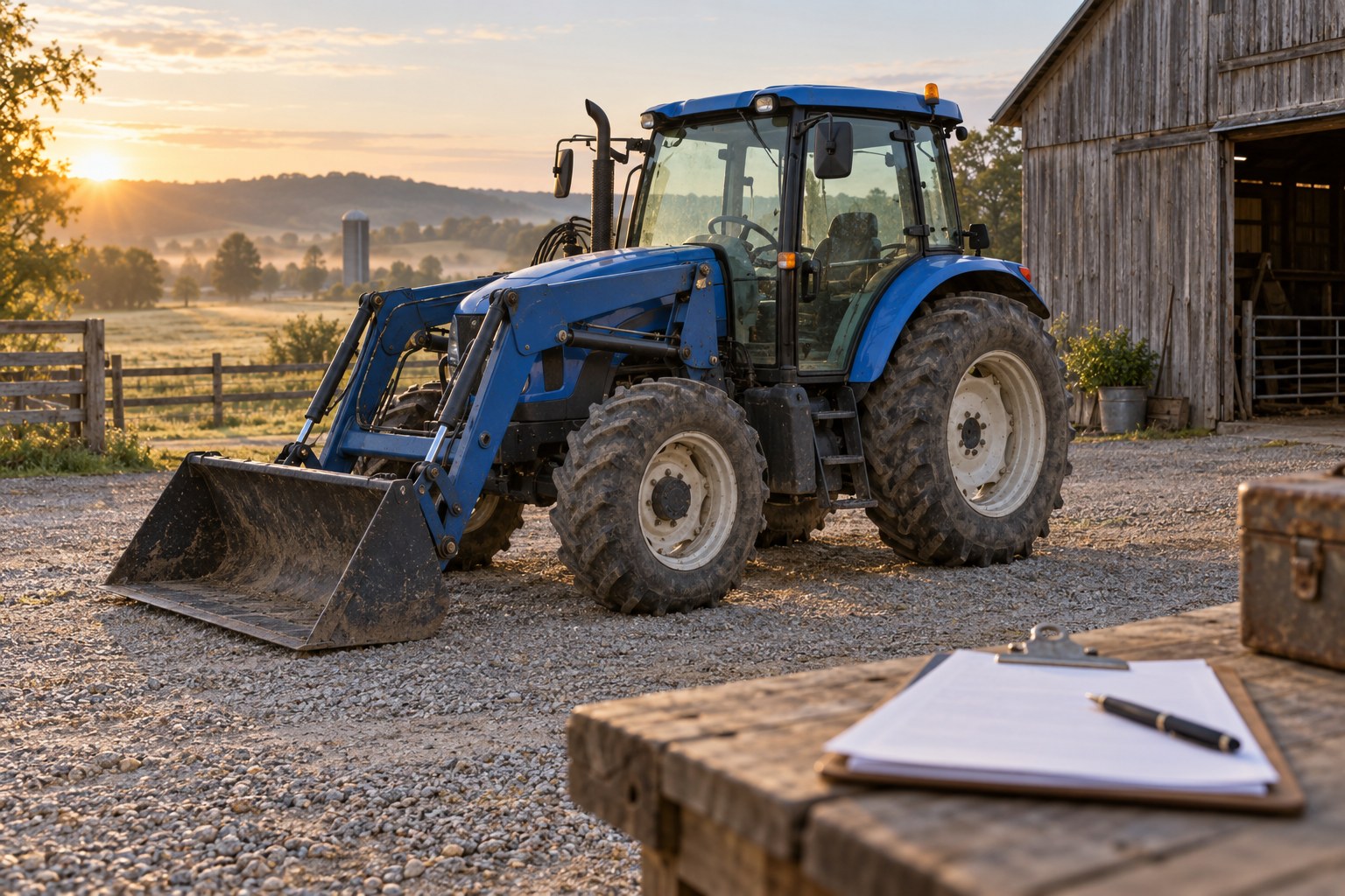 Blue tractor with front loader parked beside a rural equipment yard and paperwork clipboard